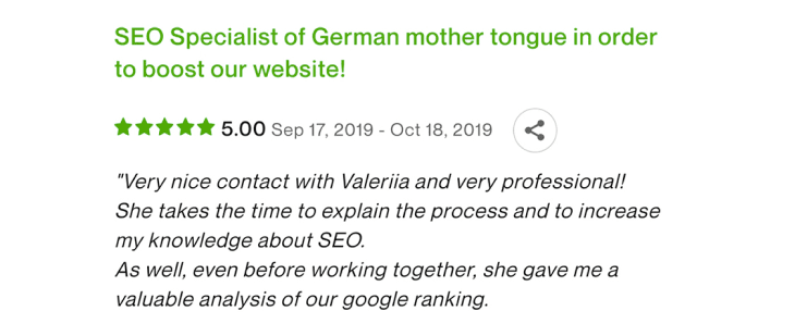 Screenshot of a positive review on Upwork