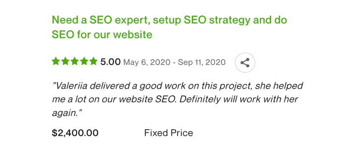 Screenshot of a positive review on Upwork