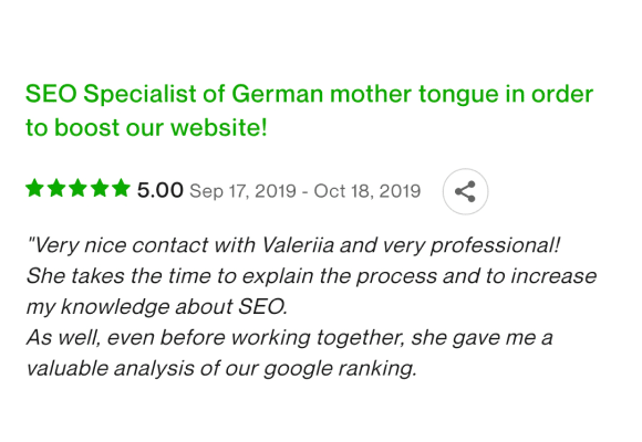 Screenshot of a positive review on Upwork